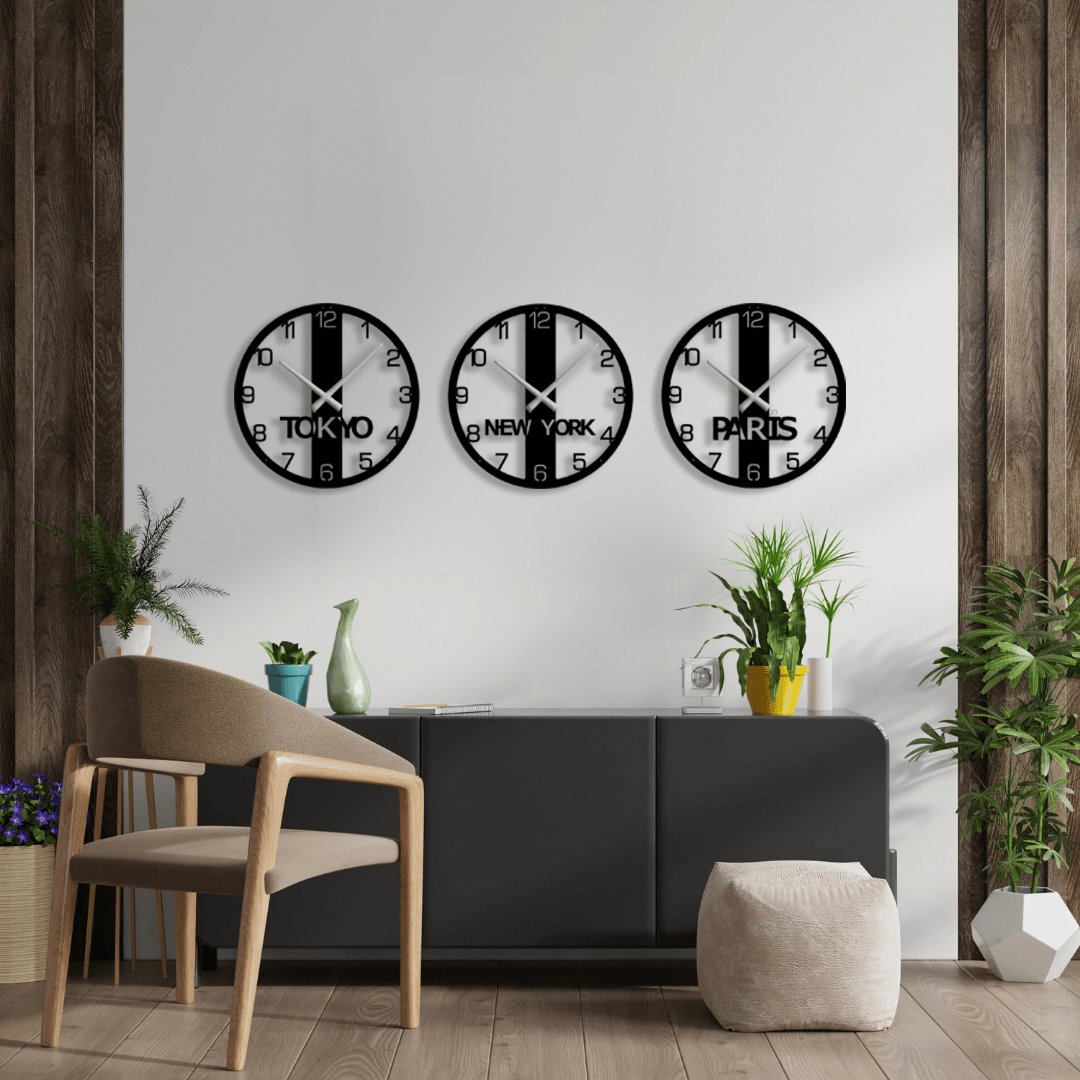 NR Dizayn | New York, Paris, Tokyo 3 - Piece Decorative Metal Wall Clock - TryAladdin