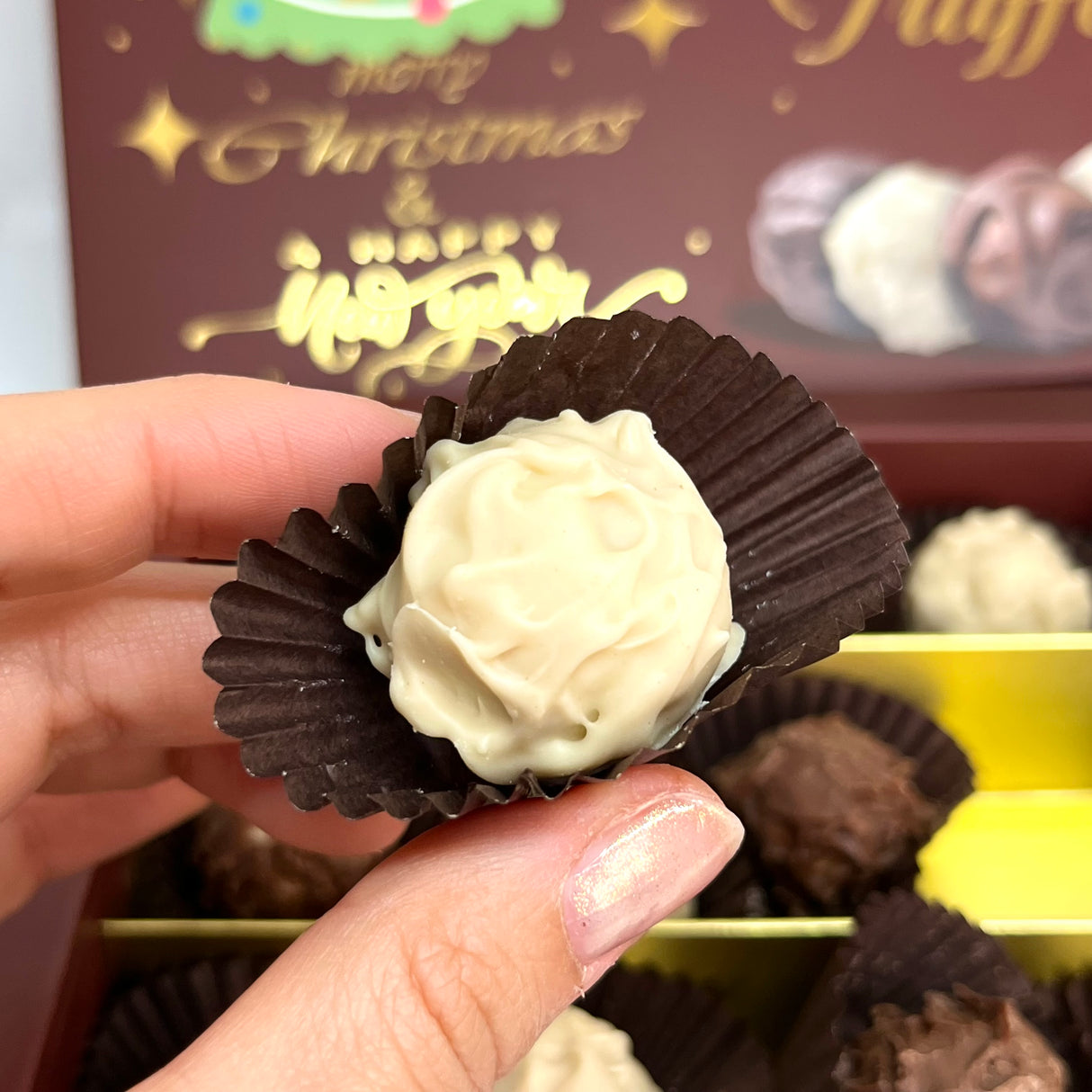 Truffes au lait au chocolat Ema et chocolat blanc fourrées à la crème de noisette - Boîte Joyeux Noël - 250g