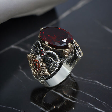 Tesbihevim | Men's Silver Ring with Red Zircon Stone - TryAladdin