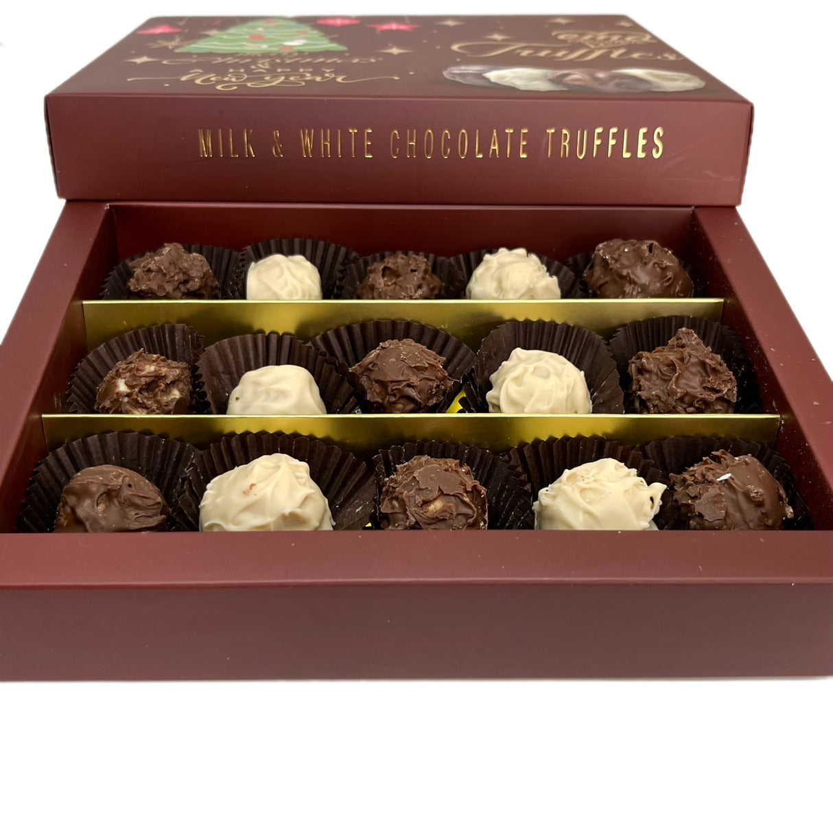 Truffes au lait au chocolat Ema et chocolat blanc fourrées à la crème de noisette - Boîte Joyeux Noël - 250g