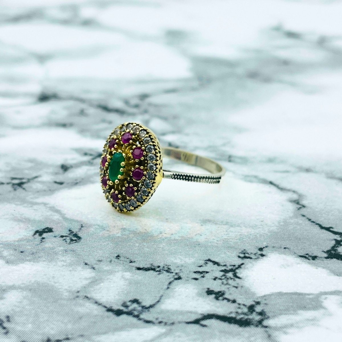 Istanbul Jewelry | Emerald and Ruby Ottoman Style Handmade Silver Ring - TryAladdin