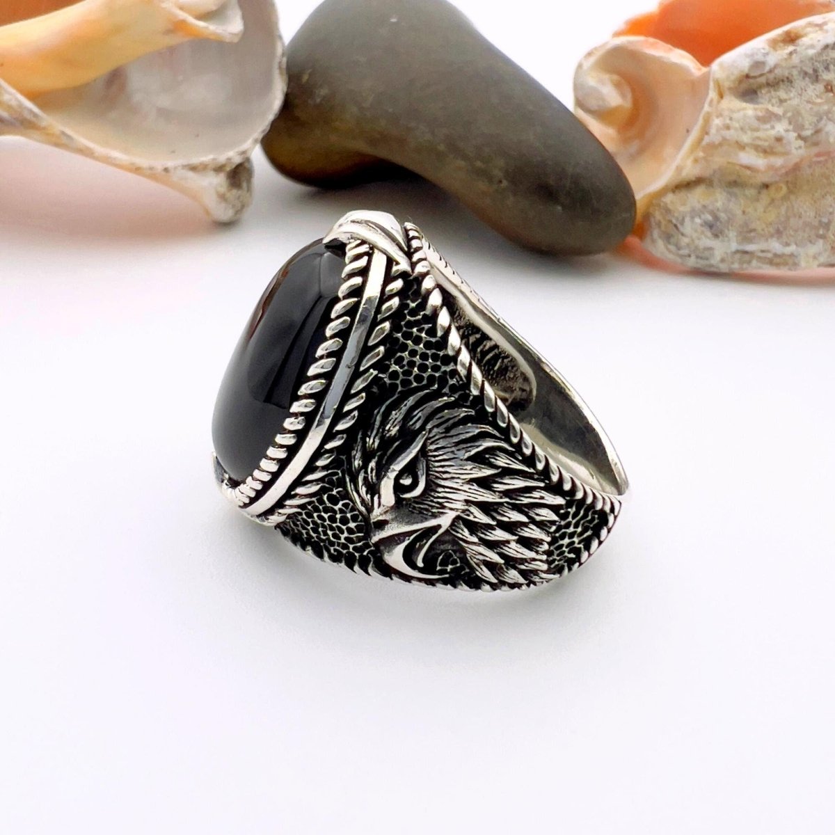 Black Onyx Oval Stone Silver Men's Ring - TryAladdin