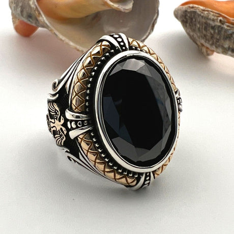 Black Onyx Stone Double Headed Eagle Men's Silver Ring - TryAladdin