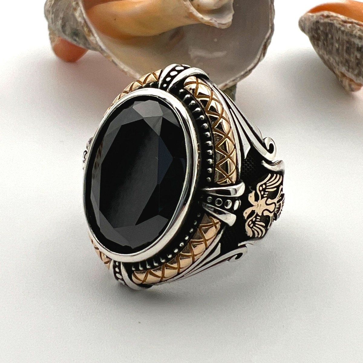 Black Onyx Stone Double Headed Eagle Men's Silver Ring - TryAladdin