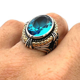 Blue Aquamarine Double Headed Eagle Silver Ring - TryAladdin