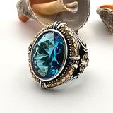 Blue Aquamarine Double Headed Eagle Silver Ring - TryAladdin