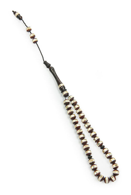 Brown and White Embroidered Kuka Wood Tasbih with 33 Beads - TryAladdin