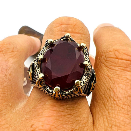 Dark Red Tourmaline Oval Stone Men's Ring - TryAladdin