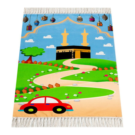 Digital Printed Children's Prayer Rug - with Kaaba and Trolley - TryAladdin