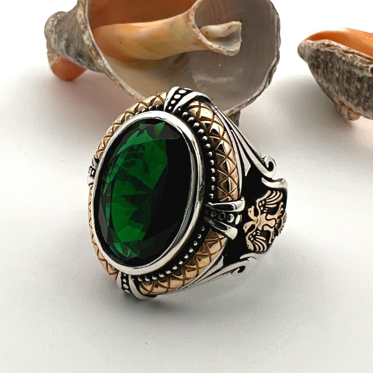 Green Emerald Stone Double Headed Eagle Silver Ring - TryAladdin