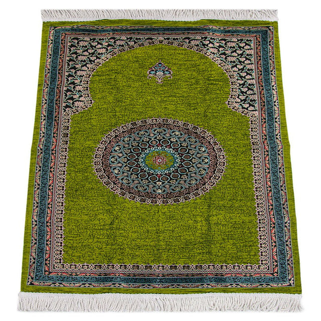 Green Traditional Motif Knitted Fringed Mihrab Lined Chenille Prayer Rug - TryAladdin