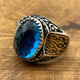 Handmade Men's Oval Blue Aquamarine Silver Ring - TryAladdin