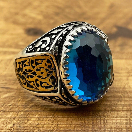 Handmade Men's Oval Blue Aquamarine Silver Ring - TryAladdin