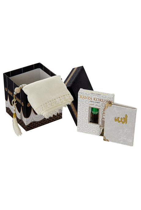 Kaaba Patterned Gift Set with Special Box - Scalloped Cover - Rawza Fragrance - Pearl Tasbih - Velvet Yasin, White - TryAladdin