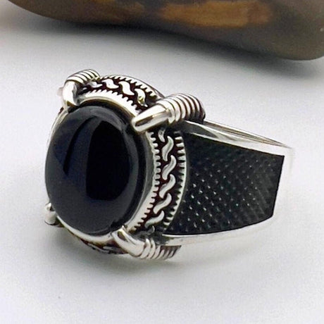 Men's Black Onyx Stone Ottoman Style Silver Ring - TryAladdin