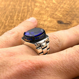 Men's Blue Oval Sapphire Stone Silver Ring - TryAladdin