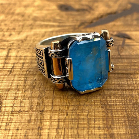 Men's Blue Tourmaline Squared Stone SIlver Ring - TryAladdin