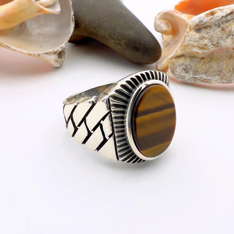 Men's Brown Tiger's Eye Stone Silver Ring - TryAladdin