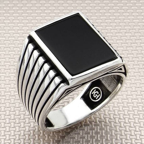 Men's Classic Patterned Square Stone 925 Sterling Silver Ring - TryAladdin