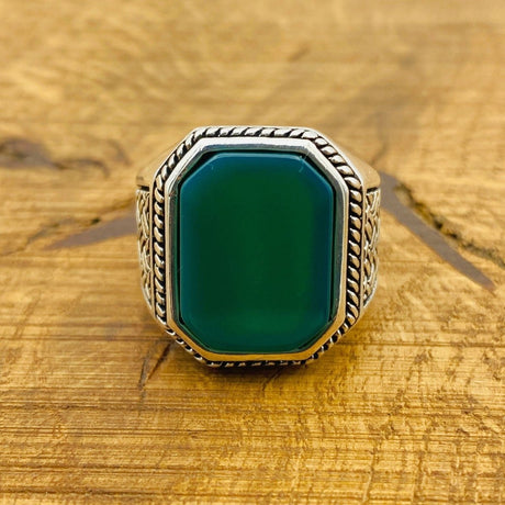 Men's Green Agate Gemstone Silver Ring - TryAladdin