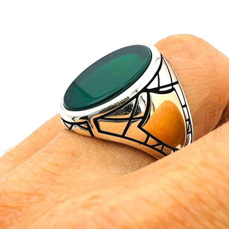 Men's Green Agate Stone Silver Ring - TryAladdin