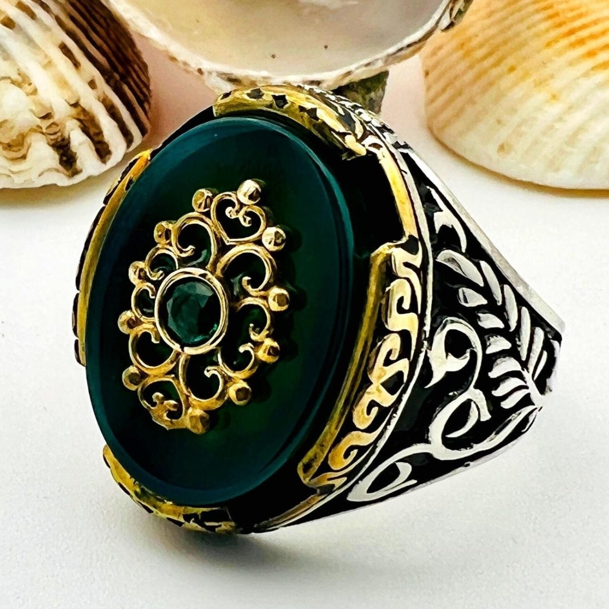 Men's Green Agate Stone Silver Ring - TryAladdin