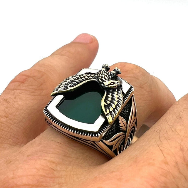 Men's Green Agate Stone Silver Ring - TryAladdin