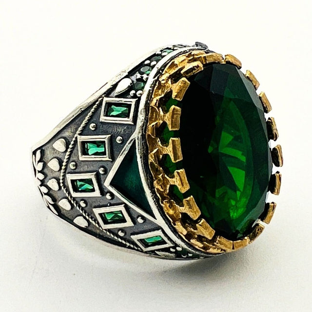 Men's Green Emerald Silver Ring - TryAladdin