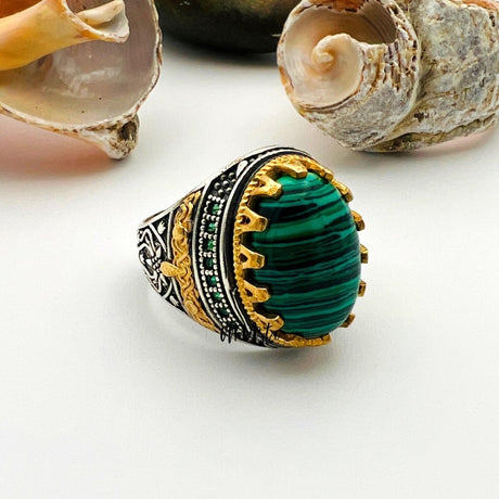 Men's Green Malachite Silver Ring - TryAladdin