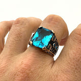 Men's Handmade Blue Aquamarine Square Stone Silver Ring - TryAladdin