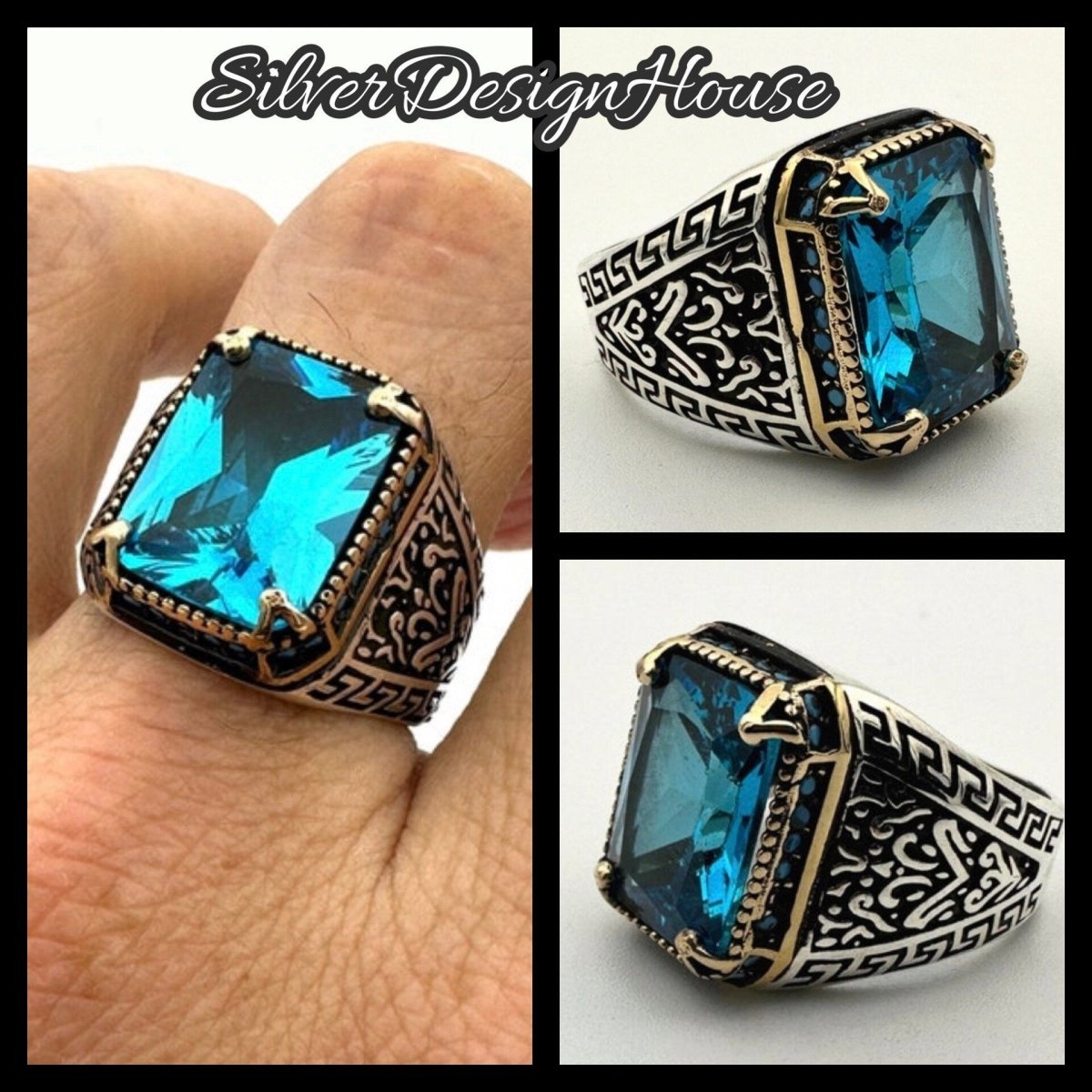 Men's Handmade Blue Aquamarine Stone Silver Ring - TryAladdin