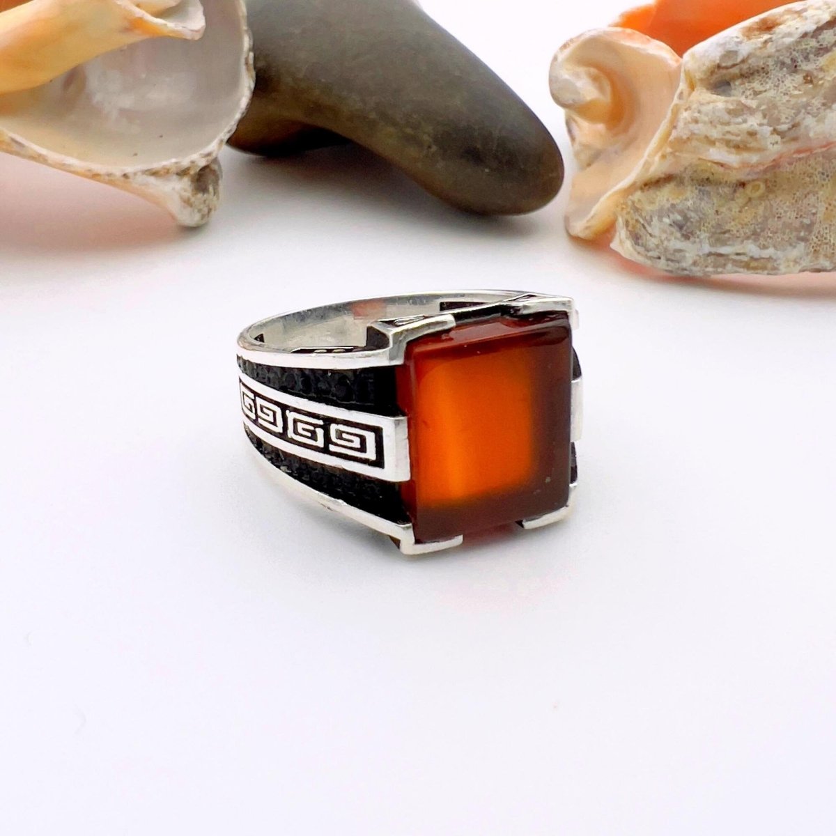 Men's Handmade Red Agate Minimalist Silver Ring - TryAladdin