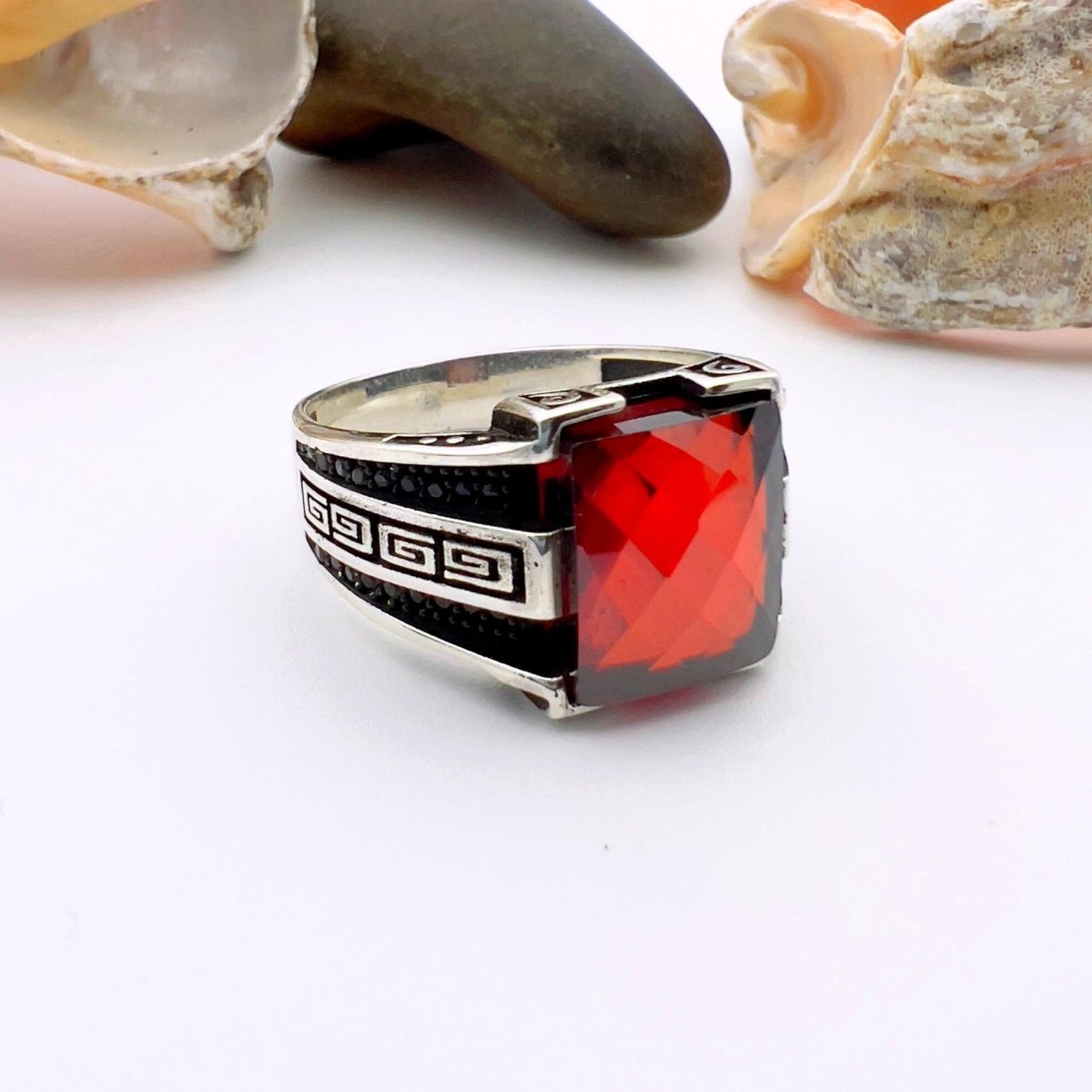 Men's Handmade Red Zircon Minimalist Silver Ring - TryAladdin