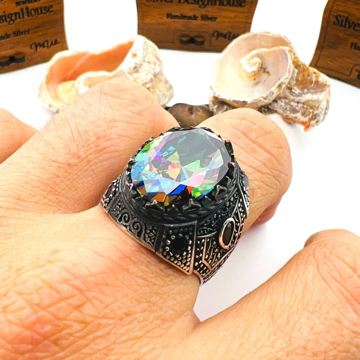 Men's Multicolor Mystic Topaz Stone Silver Ring - TryAladdin