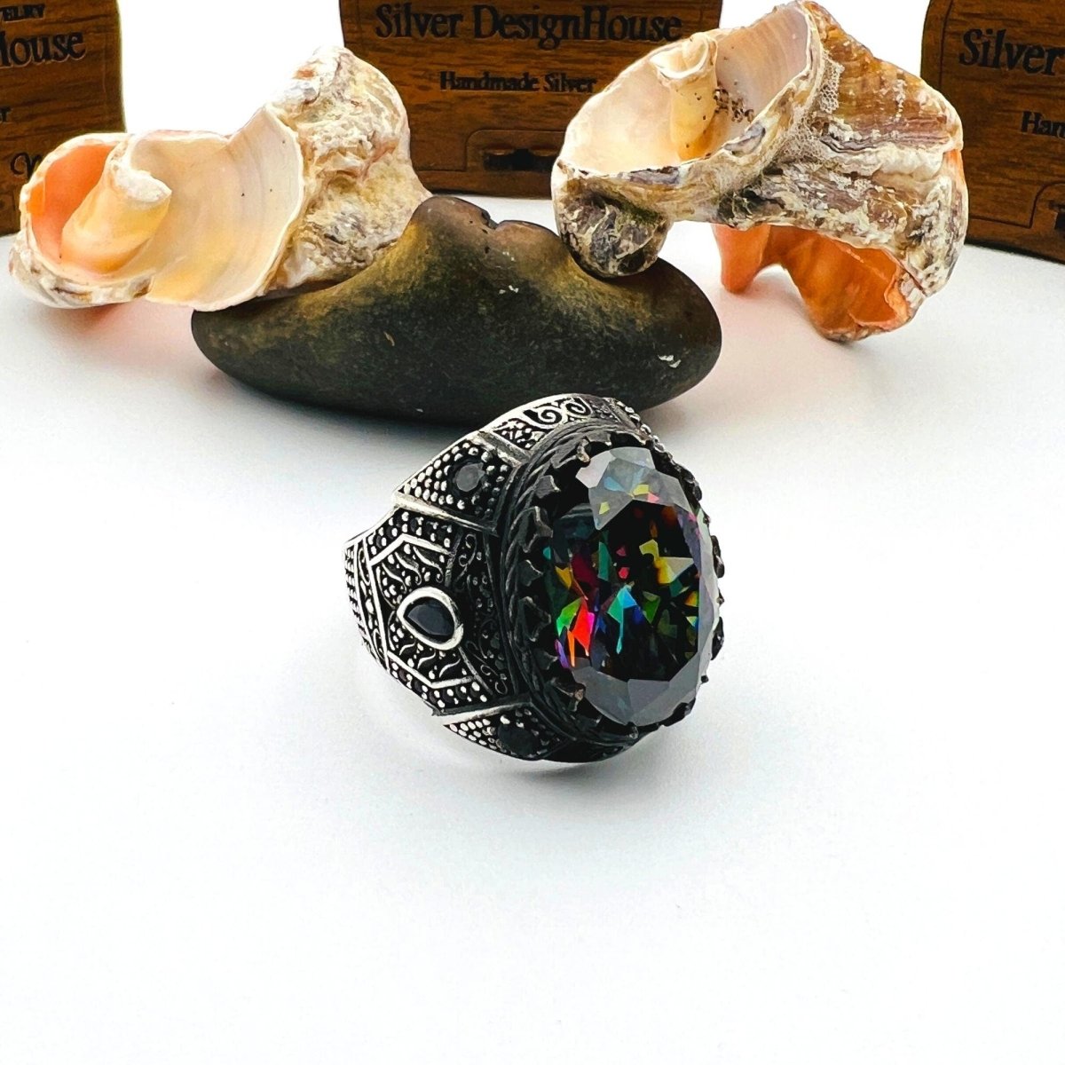 Men's Multicolor Mystic Topaz Stone Silver Ring - TryAladdin