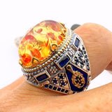 Men's Orange Amber Silver Ring - TryAladdin