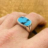 Men's Rectangle Blue Turquoise Stone Ring - TryAladdin