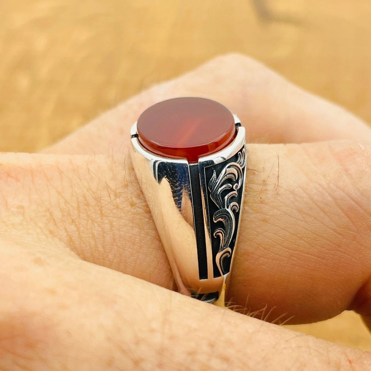 Men’s Red Agate Oval Ring - TryAladdin