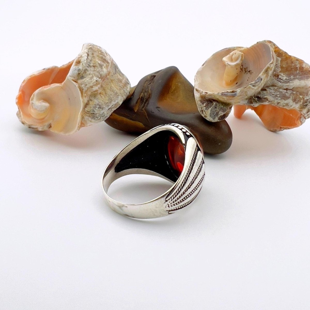 Men's Red Amber Stone Silver Ring - TryAladdin