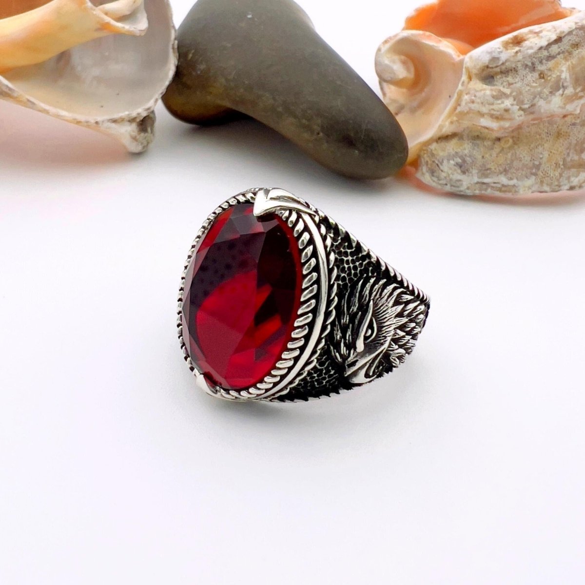 Men's Red Garnet Eagle Silver Ring - TryAladdin