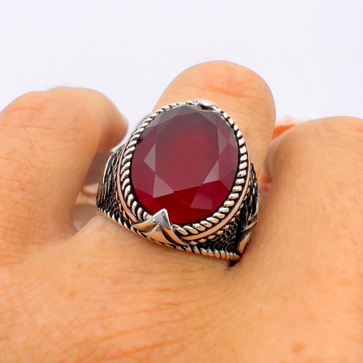 Men's Red Garnet Eagle Silver Ring - TryAladdin