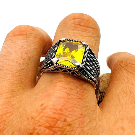 Men's Yellow Citrine Stone Silver Ring - TryAladdin