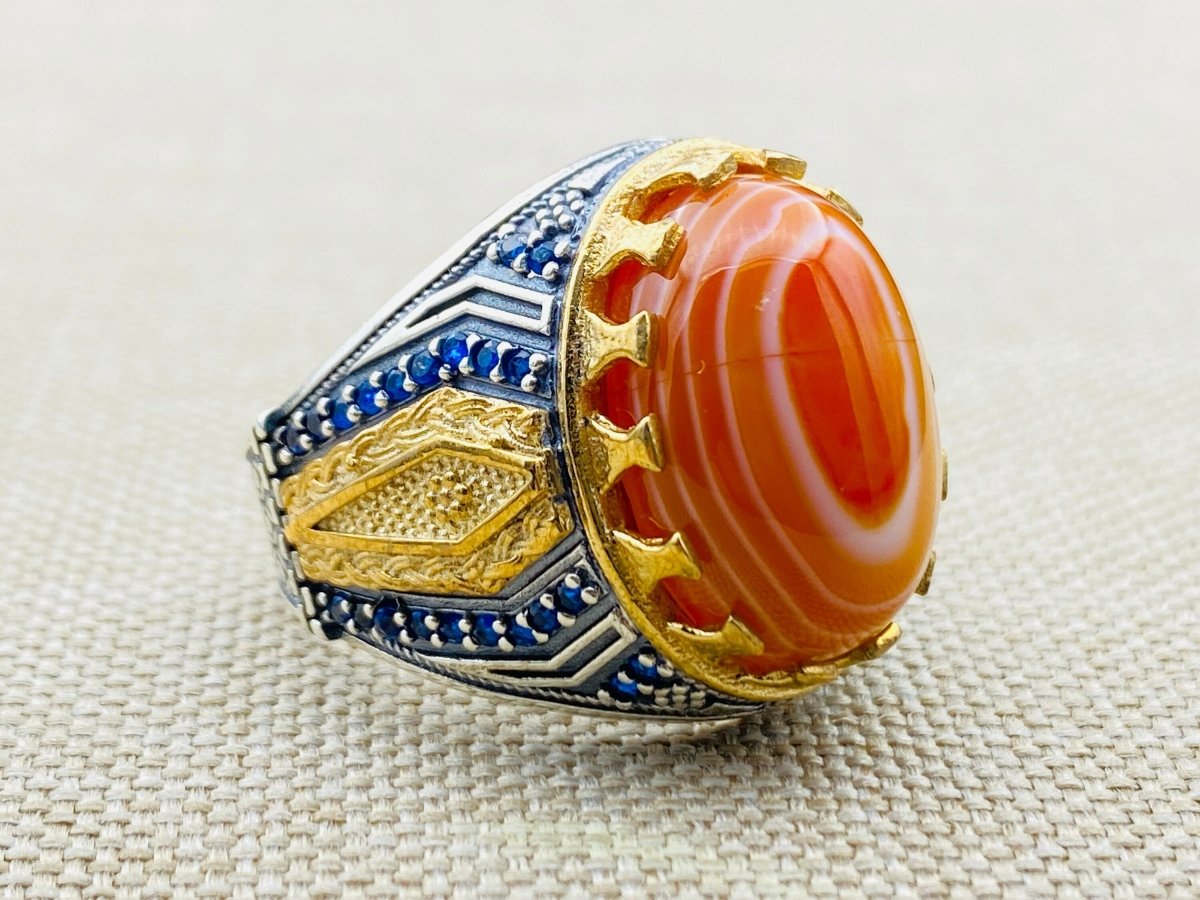 Men's Yemeni Aqeeq Stone Orange Silver Ring - TryAladdin