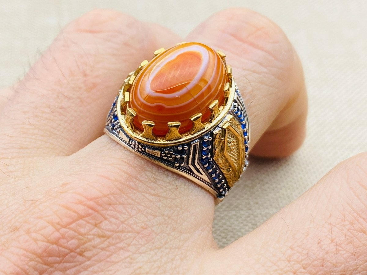 Men's Yemeni Aqeeq Stone Orange Silver Ring - TryAladdin