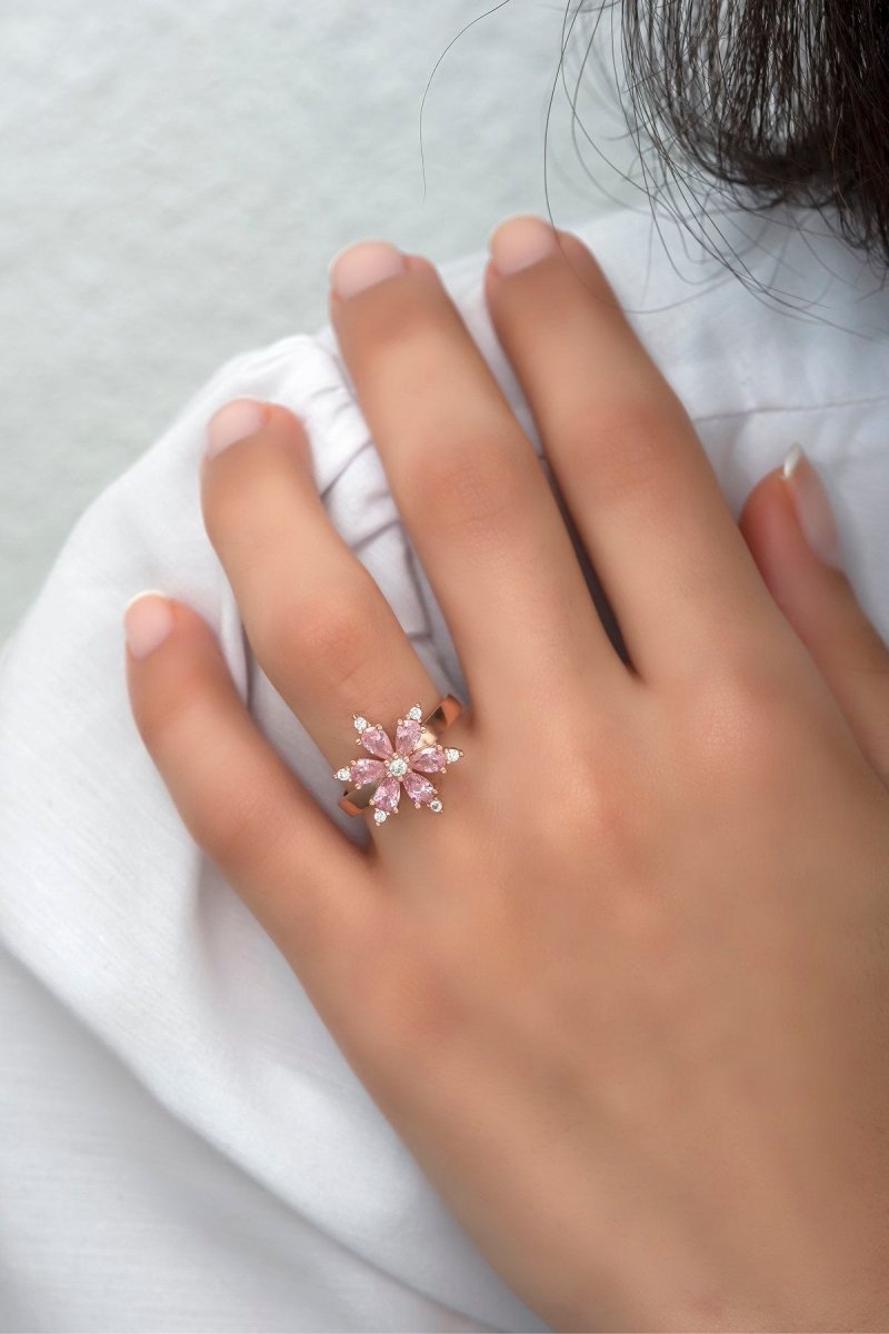 Nereze | Pink Stone Flower Adjustable Size Ring - TryAladdin