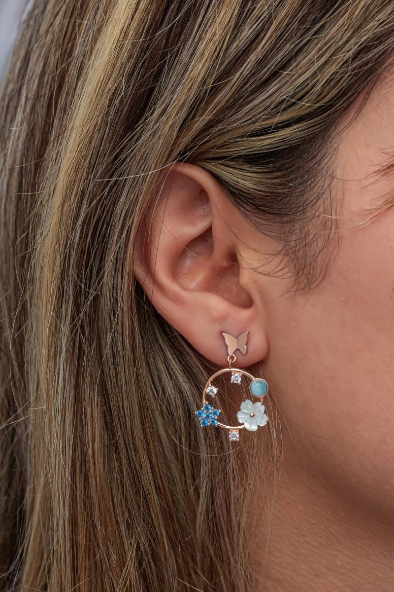 Nereze | Blue Stone Magnolia Flower Butterfly Detail Earrings - TryAladdin