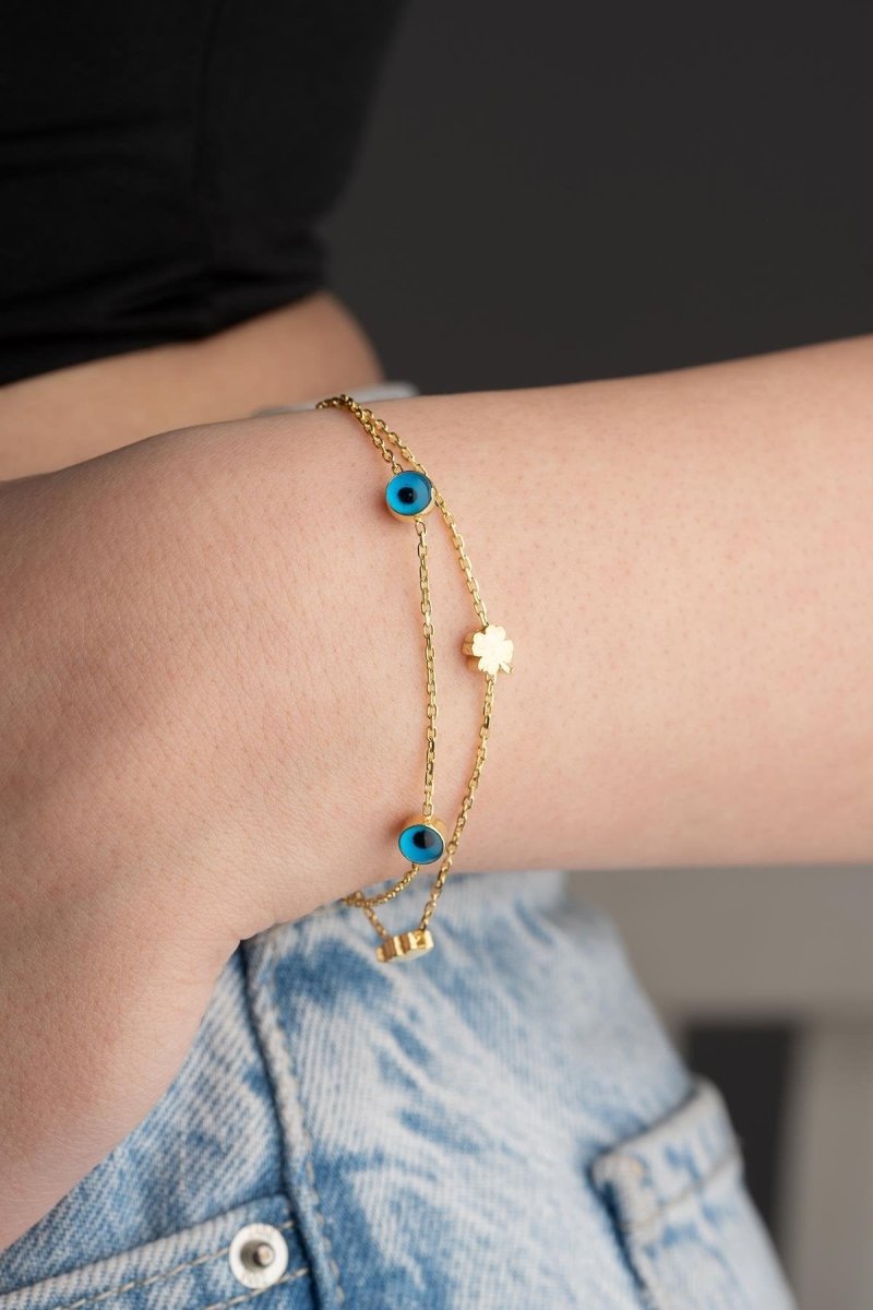 Nereze | Double Chain Gold Plated Clover Nazar Evil Eye Bracelet - TryAladdin