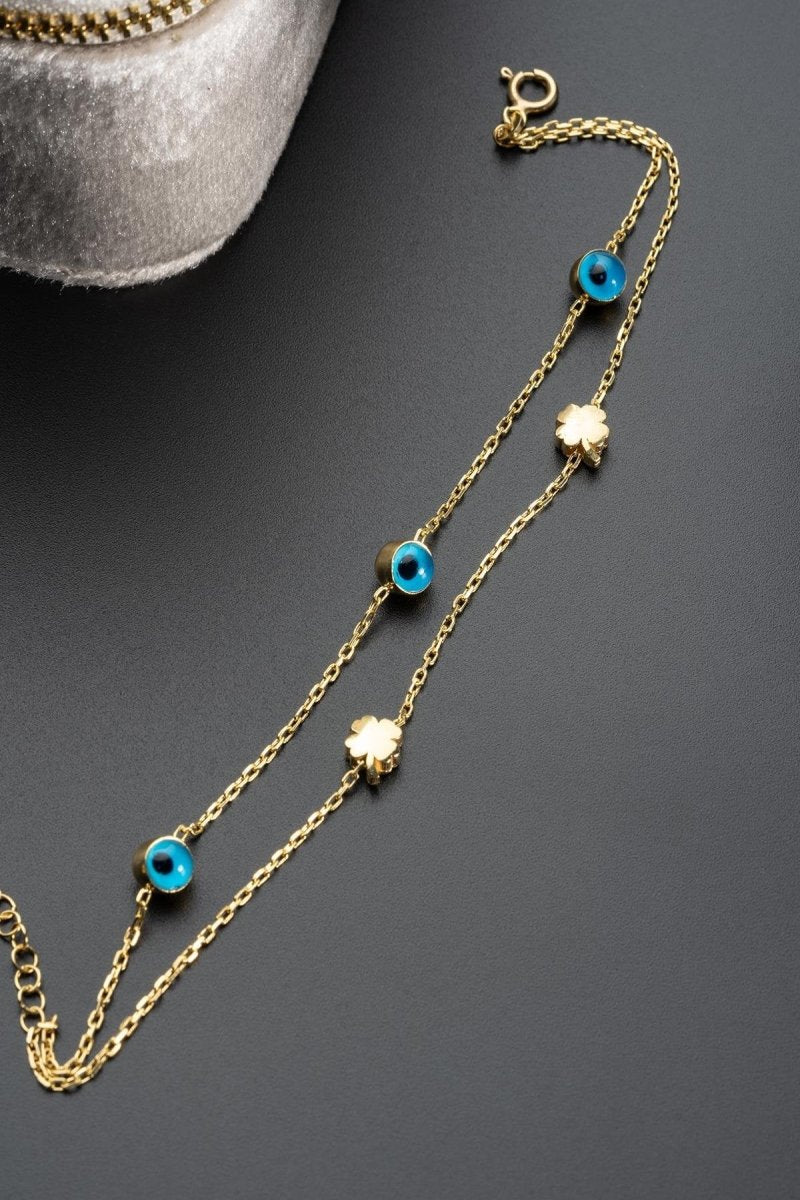 Nereze | Double Chain Gold Plated Clover Nazar Evil Eye Bracelet - TryAladdin