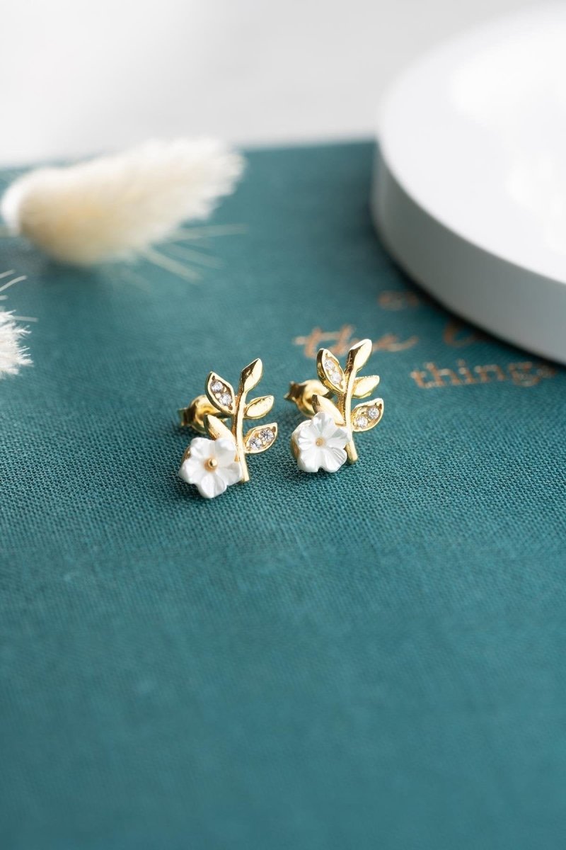 Nereze | Gold Plated Tiny Magnolia Flower Olive Branch Earrings - TryAladdin