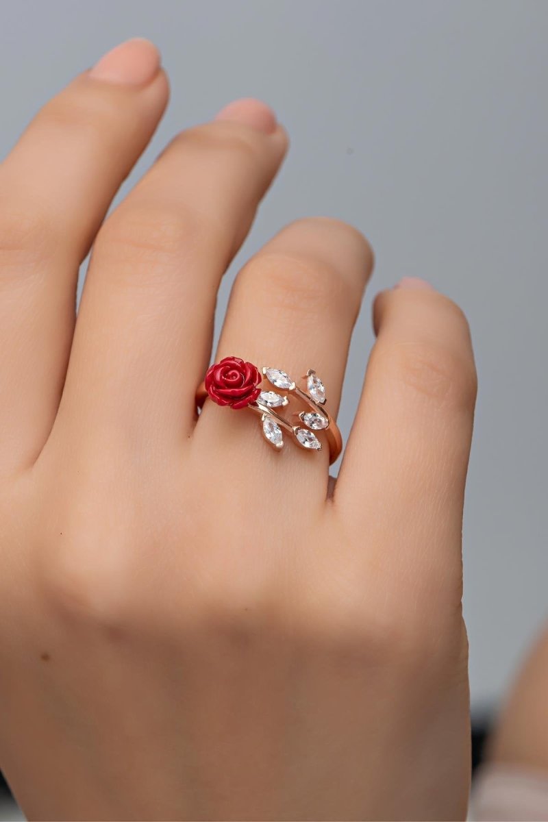 Nereze | Ivy Model Red Rose Adjustable Size Ring - TryAladdin